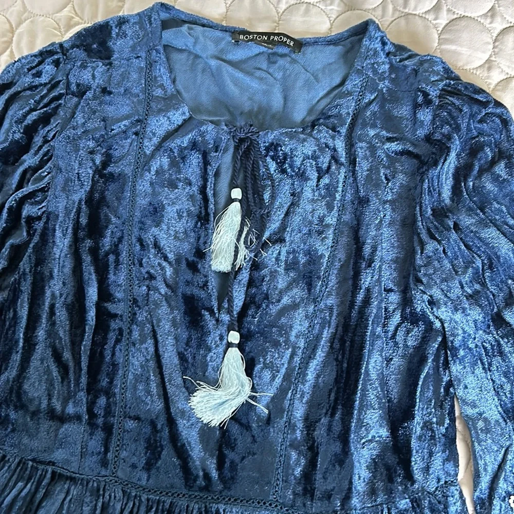 Boston Proper Blue Velvet Tunic Pearl Embroidery See Description - Picture 2 of 8